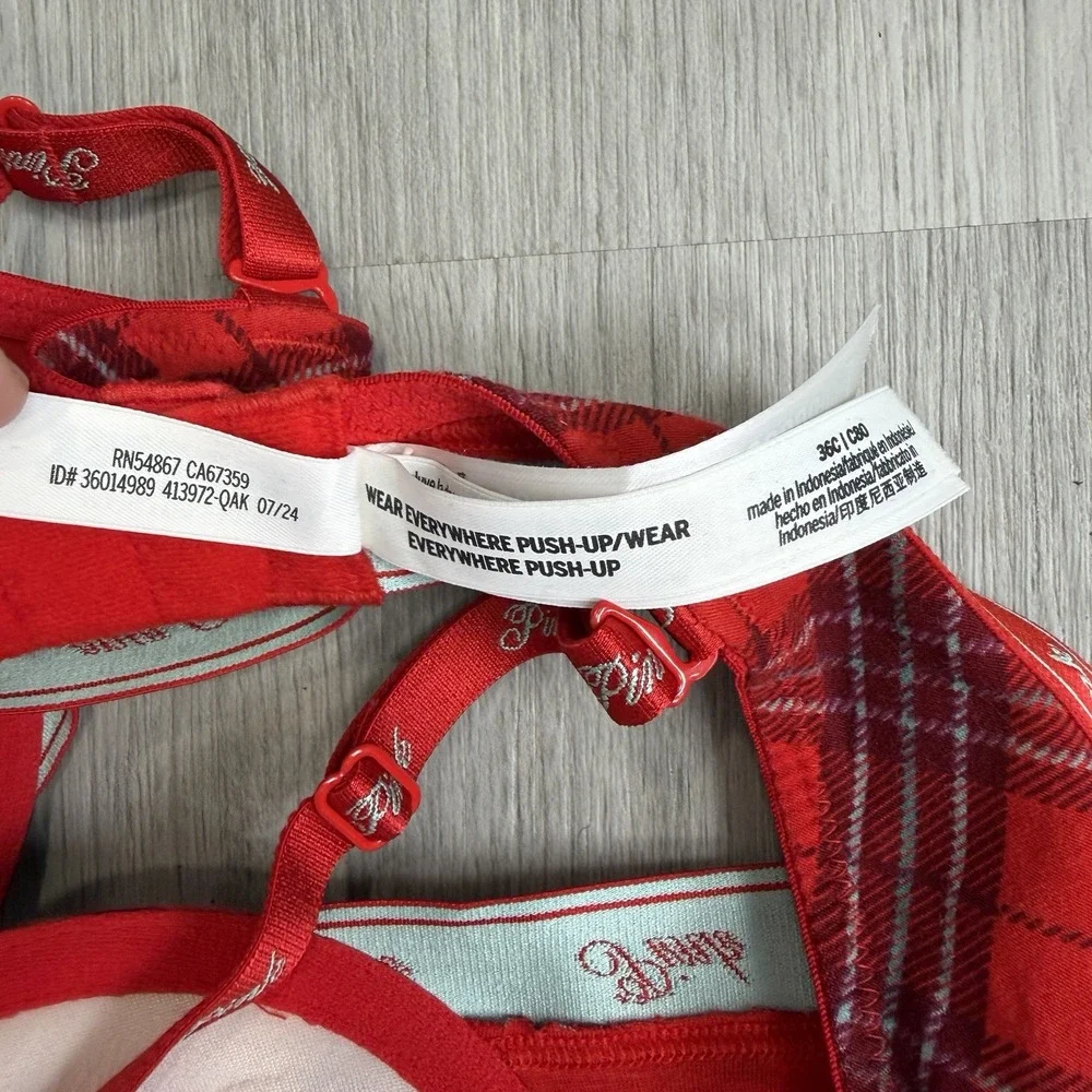 Victoria's Secret Pink Wear Everywhere Push Up Bra Red Plaid 36C